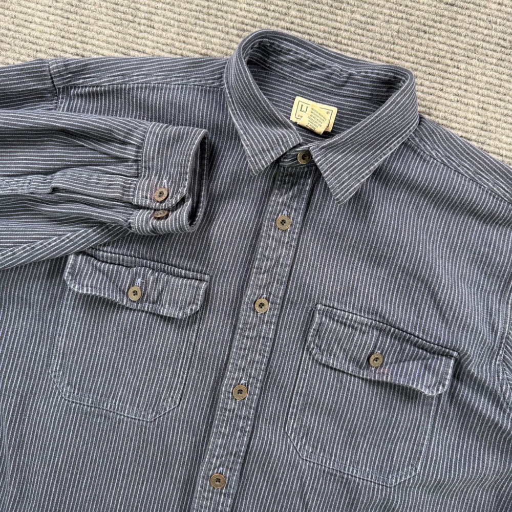 LL Bean Navy Blue Striped Long Sleeve Button Up Shirt Men Large Tall Cotton Work